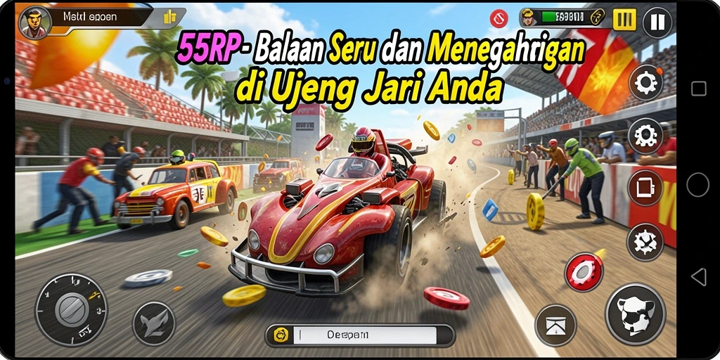 Tampilan gameplay balapan seru dengan mobil melaju kencang.