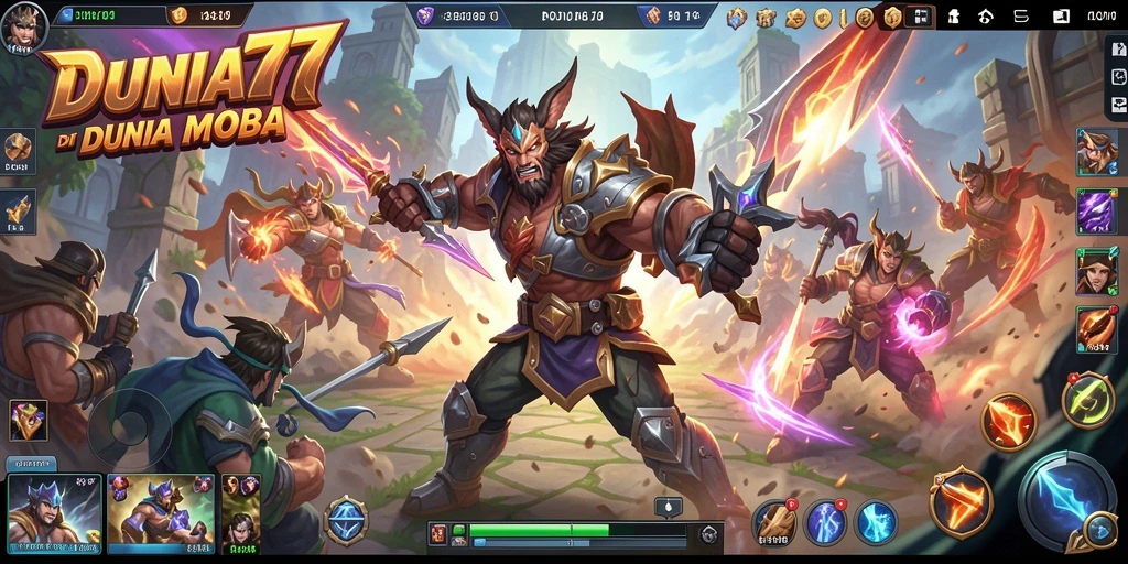Tampilan dinamis pertarungan dalam DUNIA77 MOBA.