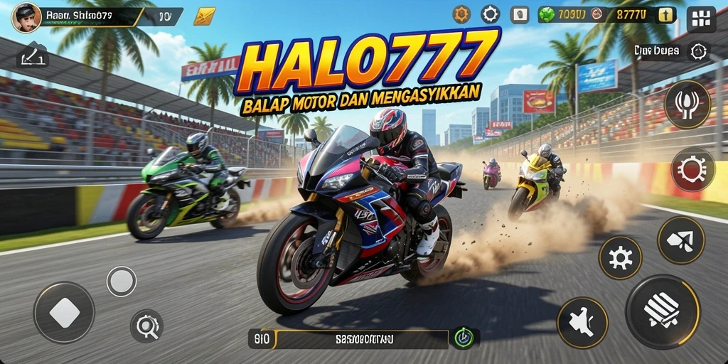Screenshot gameplay HALO777 menampilkan balapan motor yang mendebarkan.