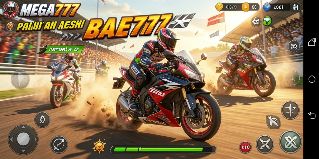 Gameplay seru MEGA777 dengan balapan motor mendebarkan.