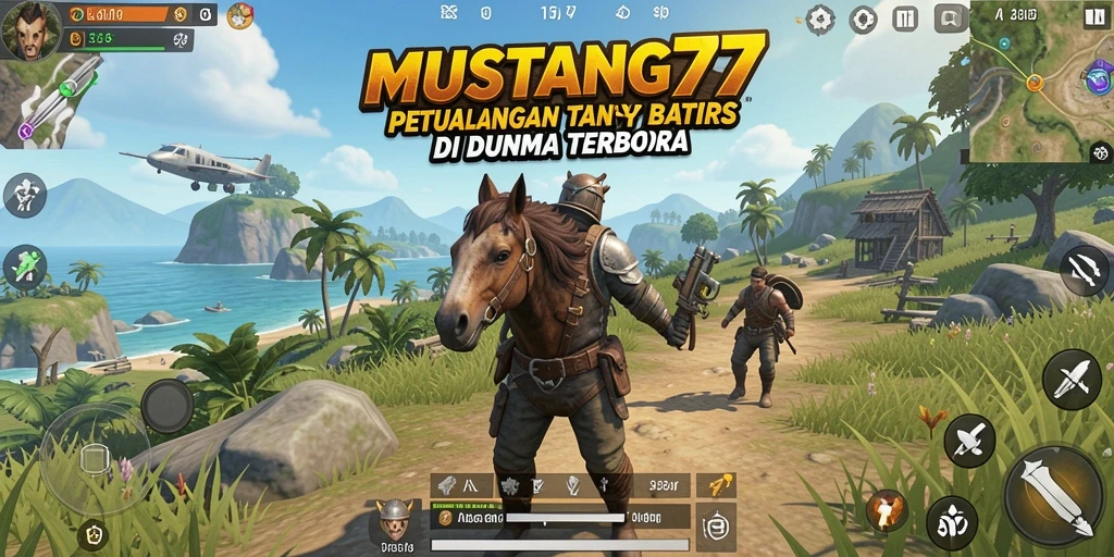 Screenshot gameplay MUSTANG77 yang menunjukkan eksplorasi dunia terbuka.